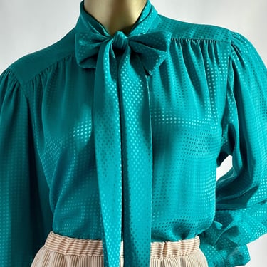 Teal Green Shiny Dots Pussybow Blouse fits M - L 