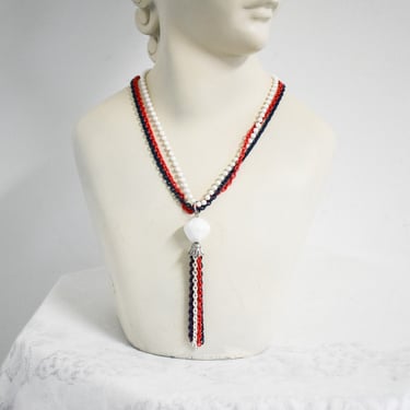 1960s/70s Red, White, and Blue Multi-Strand Necklace with Bead Tassel Pendant 