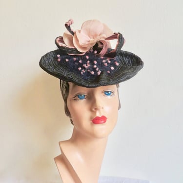 1940's Black Straw Tilt Hat Pink Roses and Ribbon Trim Back Head Holder WW2 Era Hats Rockabilly New York Creation Size 23 