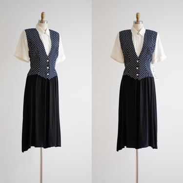 black midi dress 80s 90s vintage black white polka dot vest style flowy dress 