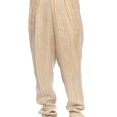 1980S Comme Des Garcons Creme Striped Linen Mens Pants Which Gather At The Hem 