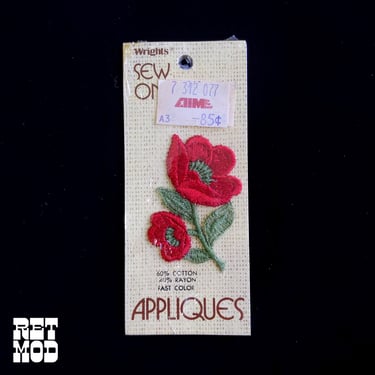 Deadstock Vintage 70s 80s Red Flowers Embroidered Small Appliqué Patch 