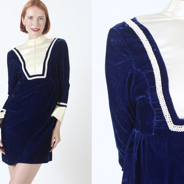 Cocktail Party Blue Velvet Mini Dress, Mod Tuxedo Style Micro Frock, Vintage 60s Minimalist Uniform Dress 