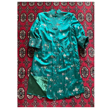 Vintage ‘70s satin brocade Chinese jacket | teal green rayon floral, holiday, Christmas party, 38 ladies M 