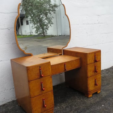 French Art Deco Burlwood Vanity Makeup Table with Mirror 4997