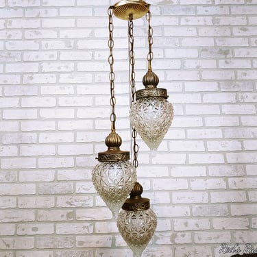 Hollywood Regency 3 Light Clear Teardrop Glass Swag Lamp Light Bronze Finish 