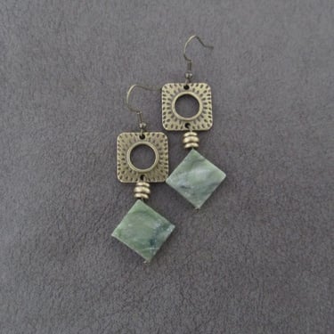 Serpentine green stone earrings, tribal ethnic earrings, boho earrings, bohemian earrings, antique bronze 2 