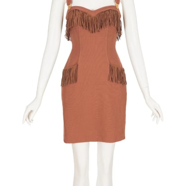 Chantal Thomass 1993-94 F/W Vintage Fringe Trim Brown Wool Suspender Dress Sz XS 