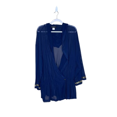 Vintage Anne Klein Semi Sheer Navy Blue Gauze Hood Blouse, Bathing Suite Cover, Size OS 