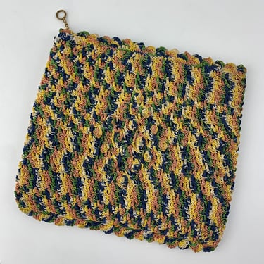 1930's Hand Crochet Purse - Multi Colored Nylon Stretch Cording - Fabric Lined - Metal Talon Zipper 