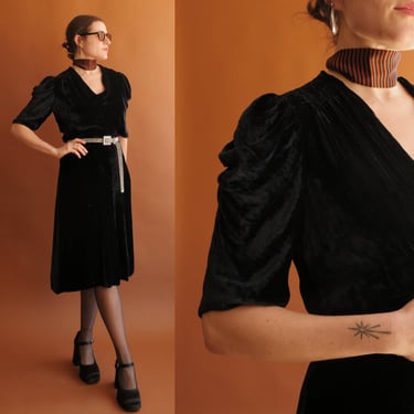 Vintage 40s Black Velvet Dress with Smocking/ 1940s Rayon Dress/ Size Small 