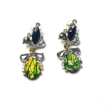 Rhinestone Earrings, Green and Black Earrings, Iridescent Earrings, Gold Earrings, Vintage Earrings, Dangle Earrings, Holiday Jewelry, 