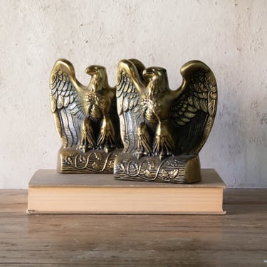 Set of Two Brass Eagle Bookends, Pair of Vintage Heavy Brass American Eagle Statue Bookends 