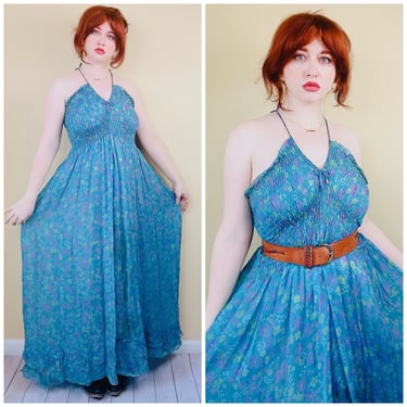 1970s Vintage Blue Bellville Sassoon Chiffon Maxi Dress / 70s / Seventies Smocked Elastic Floral Gown / Size Medium - Large 