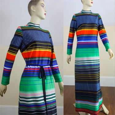 70s long sleeve maxi size small or medium, body con stretch dress black colorful polyester horizontal stripe for party outfit, mcm mod 