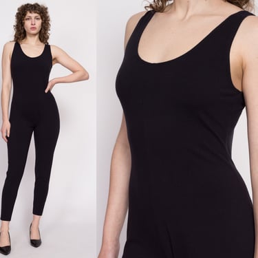 90s Plain Black Fitted Unitard - Medium to Petite Large | Vintage Forenza Sporty Stretch Scoop Neck Jumpsuit 