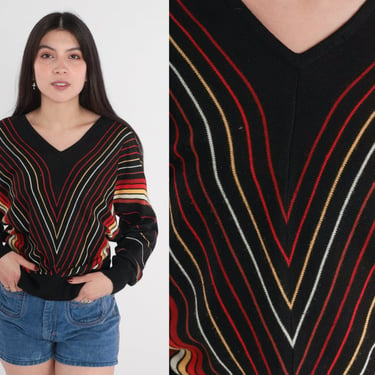 Chevron Striped Sweater 80s Black Knit Pullover Sweater V-Neck Jumper Red Rust Yellow White Stripes Slouchy Acrylic Vintage 1980s Medium M 