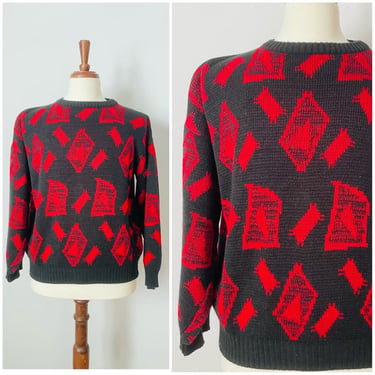 Vintage Nicolas Allen Sweater / Pull Over / 1980s / Geometric / Red / Charcoal Gray / Unisex / FREE SHIPPING 