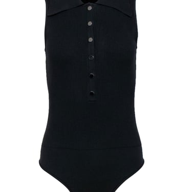 Tibi - Black Ribbed Pointed Collar Bodysuit w/ Silver Buttons Sz M