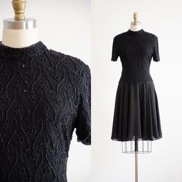 black lace dress 90s vintage beaded mockneck chiffon mini dress 