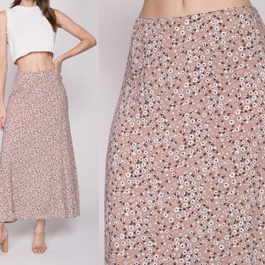 Small 90s Daisy Floral A Line Skirt | Vintage High Waisted Boho Rayon Maxi Skirt 