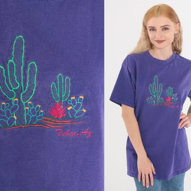 Cactus T-Shirt 90s Tubac Arizona Shirt Embroidered Desert Cacti Graphic Tee Purple TShirt Retro Tourist Travel Souvenir Vintage 1990s Medium 