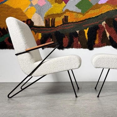 1950's American Mid Century Modernist Z Chair Iron Hairpin Lounge Chair and Ottoman in Cream Boucle 