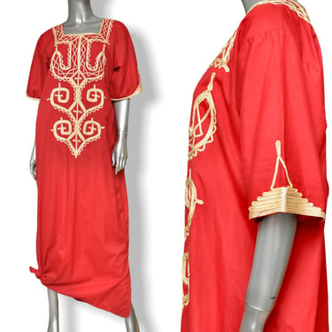 Vintage Womens Red Kaftan with Embroidered Design 100% Egyptian Cotton made in Egypt S/M 