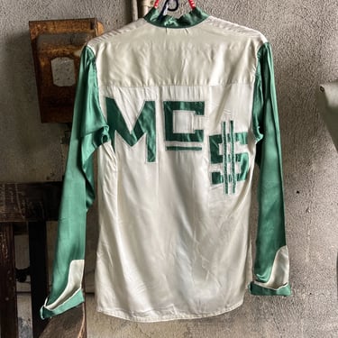 Vintage 1930s 1940s Green & White Rayon Satin Jockey Shirt Jacket MC $ Coat