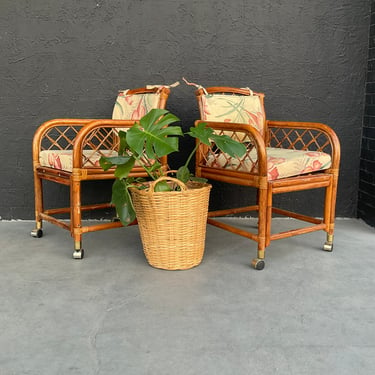Pair of Floral Rolling Rattan Chairs