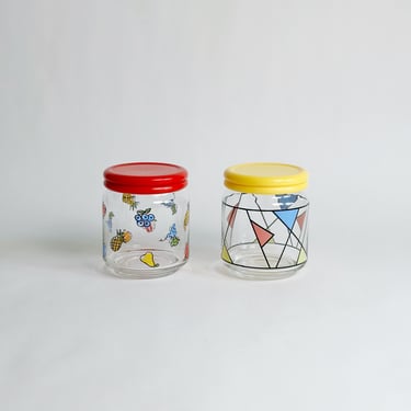 Storage Jars with Colourful Designs, Glass with Plastic Lids, Buy Individually or Both for a Discount, Vintage 1980's 