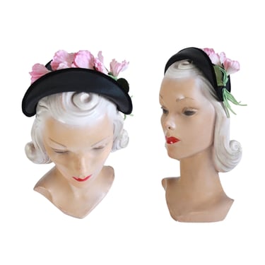 1950s Black Half Hat with Pink Flowers - 1950s Black Calot Half Hat - 1950s Spring Hat - 1950s Pink Floral Hat - Vintage Half Hat - 50s Hat 
