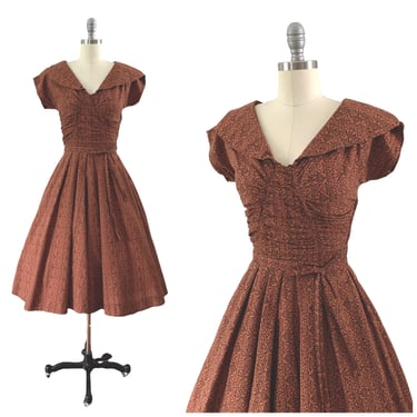 50s Autumn Orange Cotton Print Dress / 1950s Vintage Sun Day Dress / Small / Size 4 