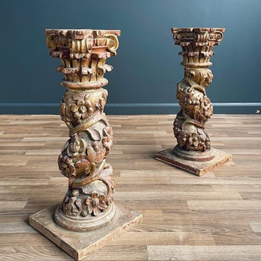 Pair of Italian Rococo Painted and Parcel Gilt Columns, c.1920’s 