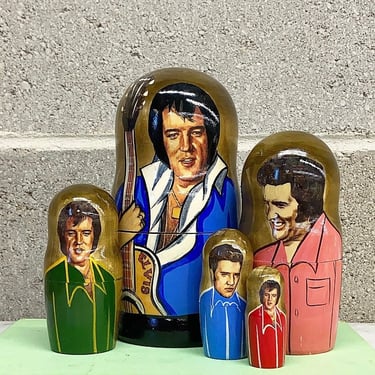 Vintage Elvis Nesting Dolls Retro 1990s Russian + Stacking + Hand Painted + Wood + Set of 5 + King of Rock and Roll + Music Collectable 