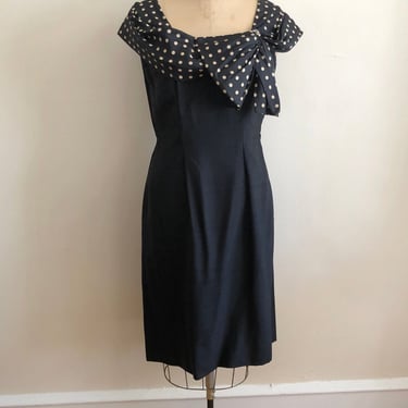 Black Silk Cocktail Dress with Oversized Polka-Dot Bow - 1950s 