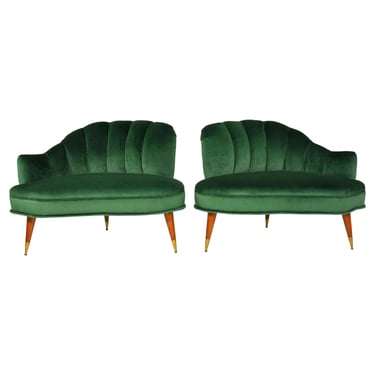Emerald Green Velvet Channel Back Hollywood Regency Lounge Chairs 