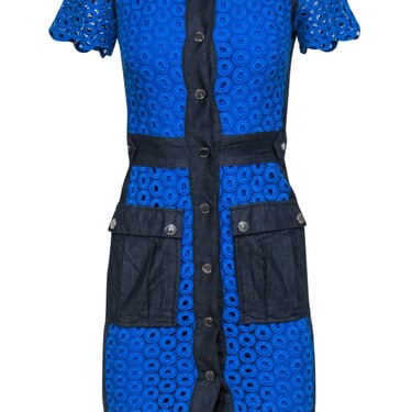 Karen Millen - Blue Eyelet Lace & Denim Bodycon Dress w/ Pockets Sz 2