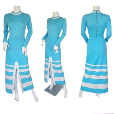 Evan Wayne 1970's Blue White Stripe 2 Pc Maxi Dress Set I Sz Sm I Body Suit I Maxi Skirt 