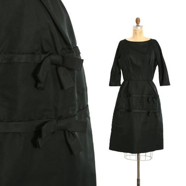 Vintage 1950s black silk satin bow cocktail dress 