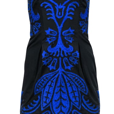 French Connection - Black Strapless Blue Embroidered A-Line Dress w/ Beading Sz 2