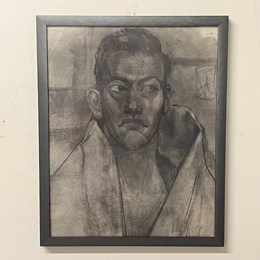Preston Heather Kortebein Drawing of Side Eye Man - 1951 Chicago Institute of Art - Rare 1950s Cool Portrait Artwork - Marlon Brando Style 