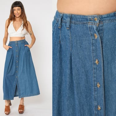 90s Denim Maxi Skirt Button Up Jean Skirt 1990s High Waisted A-Line Flared Skirt Retro Vintage Blue Small 6 