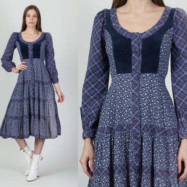 70s Gunne Sax Faded Blue Calico Prairie Dress, As Is - Extra Small | Vintage Floral Velvet Trim Long Sleeve Boho Midi Dress 