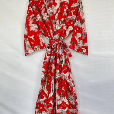 Boho House Robe Summer Kimono Pure Cotton Red Animal Jungle