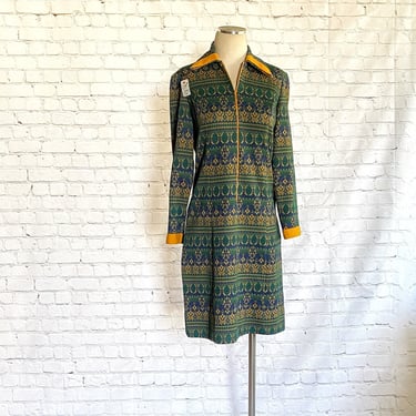Jewel Tone Knit Dress • 1970s • Boho Shift • Long Sleeve • Zip Front • Emerald Green Sapphire Blue Gold • Autumn Fall Winter • NPC Fashions 
