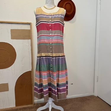 Vintage 90s Crazy Horse Colored Striped Button Front Sleeveless Drop Waist Dress 