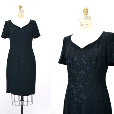 Vintage Escada Black Dress Little Black Dress with Floral Metallic Jacquard Size 38 Small Medium Black Short Sleeve 90s 2000s Dress Escada 