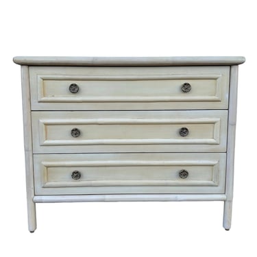 Bamboo Nightstand 31” Tall 38” Wide with 3 Drawers - Large Vintage Ficks Reed Chest Boho Chic Coastal Creamy White Wood Furniture 