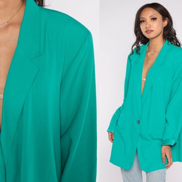 Teal Blazer Jacket 90s Button up Jacket Low Neck Deep V Simple Work Formal Office Professional Chic Plain Solid Retro Vintage 1990s 2xl xxl 